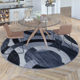 English Elm Geometric 8' x 8' Black and Round Olefin Area Rug with Jute Backing, Living Room, Bedroom