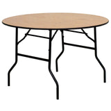 English Elm Commercial Grade 4-Foot Round Wood Folding Banquet Table with Clear Coated Finished Top