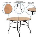 English Elm Commercial Grade 4-Foot Round Wood Folding Banquet Table with Clear Coated Finished Top