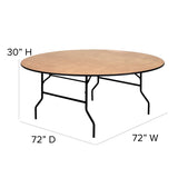 English Elm Commercial Grade 6-Foot Round Wood Folding Banquet Table with Clear Coated Finished Top