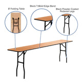 English Elm Commercial Grade 8-Foot Rectangular Wood Folding Training / Seminar Table with Smooth Clear Coated Finished Top