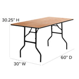 English Elm Commercial Grade 5-Foot Rectangular Wood Folding Banquet Table with Clear Coated Finished Top