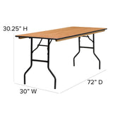 English Elm Commercial Grade 6-Foot Rectangular Wood Folding Banquet Table with Clear Coated Finished Top