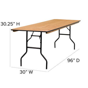 English Elm Commercial Grade 8-Foot Rectangular Wood Folding Banquet Table with Clear Coated Finished Top