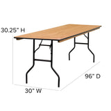 English Elm Commercial Grade 8-Foot Rectangular Wood Folding Banquet Table with Clear Coated Finished Top