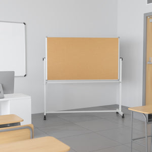 English Elm Commercial Grade Series 45.25"W x 54.75"H Reversible Mobile Cork Bulletin Board and White Board with Pen Tray