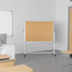 English Elm Commercial Grade Series 53"W x 59"H Reversible Mobile Cork Bulletin Board and White Board with Pen Tray