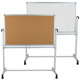 English Elm Commercial Grade Series 53"W x 59"H Reversible Mobile Cork Bulletin Board and White Board with Pen Tray