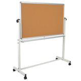 English Elm Commercial Grade Series 53"W x 59"H Reversible Mobile Cork Bulletin Board and White Board with Pen Tray