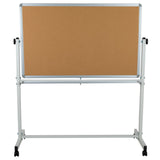 English Elm Commercial Grade Series 53"W x 59"H Reversible Mobile Cork Bulletin Board and White Board with Pen Tray