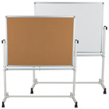 English Elm Commercial Grade Series 53"W x 62.5"H Reversible Mobile Cork Bulletin Board and White Board with Pen Tray