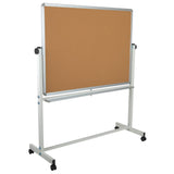 English Elm Commercial Grade Series 53"W x 62.5"H Reversible Mobile Cork Bulletin Board and White Board with Pen Tray