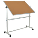 English Elm Commercial Grade Series 53"W x 62.5"H Reversible Mobile Cork Bulletin Board and White Board with Pen Tray