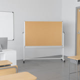 English Elm Commercial Grade Series 62.5"W x 62.25"H Reversible Mobile Cork Bulletin Board and White Board with Pen Tray