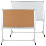 English Elm Commercial Grade Series 62.5"W x 62.25"H Reversible Mobile Cork Bulletin Board and White Board with Pen Tray