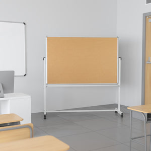 English Elm Commercial Grade Series 64.25"W x 64.75"H Reversible Mobile Cork Bulletin Board and White Board with Pen Tray