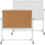 English Elm Commercial Grade Series 64.25"W x 64.75"H Reversible Mobile Cork Bulletin Board and White Board with Pen Tray