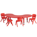 English Elm Commercial Grade 35''W x 65''L Half-Moon Plastic Height Adjustable Activity Table Set with 4 Chairs