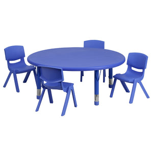 English Elm Commercial Grade 45'' Round Plastic Height Adjustable Activity Table Set with 4 Chairs