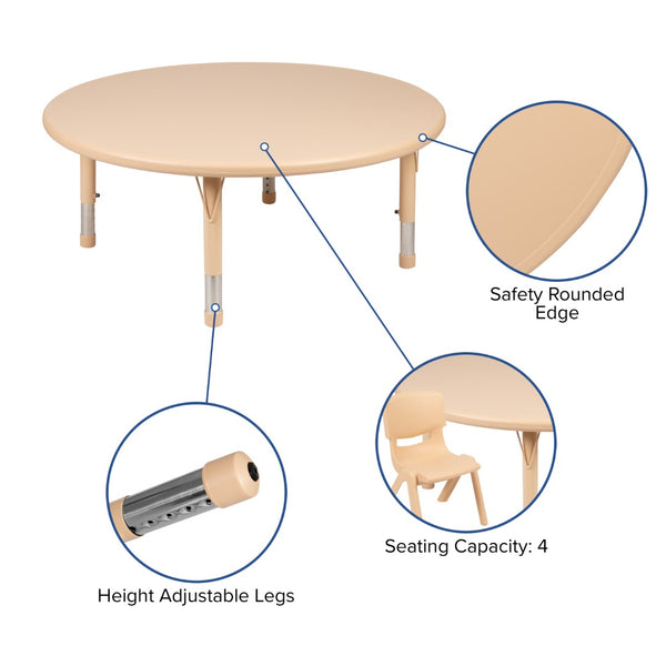 English Elm Commercial Grade 45" Round Plastic Height Adjustable Activity Table Set with 4 Chairs