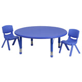 English Elm Commercial Grade 45'' Round Plastic Height Adjustable Activity Table Set with 2 Chairs