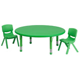 English Elm Commercial Grade 45'' Round Plastic Height Adjustable Activity Table Set with 2 Chairs