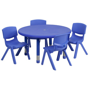 English Elm Commercial Grade 33'' Round Plastic Height Adjustable Activity Table Set with 4 Chairs