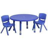 English Elm Commercial Grade 33'' Round Plastic Height Adjustable Activity Table Set with 2 Chairs