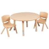 English Elm Commercial Grade 33" Round Plastic Height Adjustable Activity Table Set with 2 Chairs