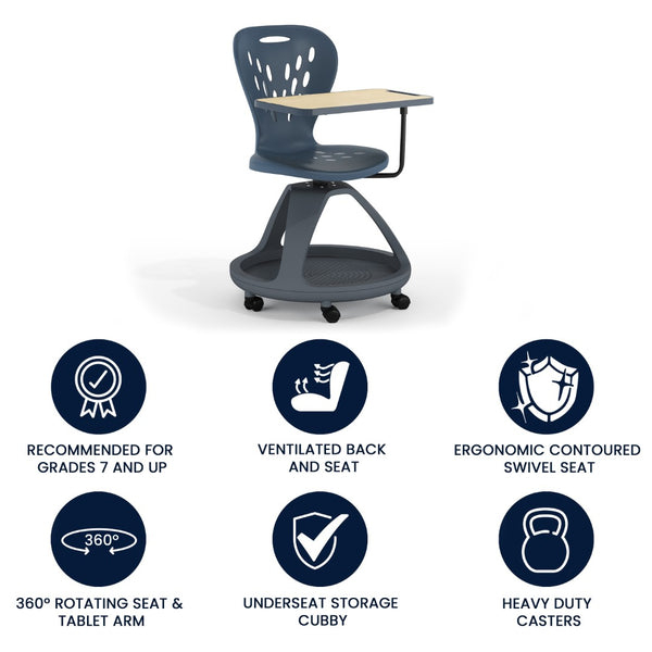 English Elm Commercial Grade Mobile Desk Chair with 360 Degree Tablet Rotation and Under Seat Storage Cubby