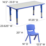 English Elm Commercial Grade 23.625''W x 47.25''L Rectangular Plastic Height Adjustable Activity Table Set with 6 Chairs