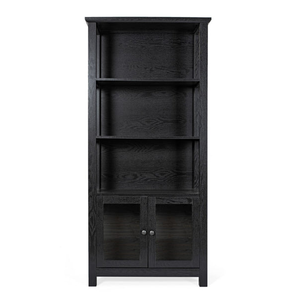 English Elm Modern Farmhouse Wooden Bookcase and Storage Cabinet with Tempered Glass Doors and 3 Upper Shelves