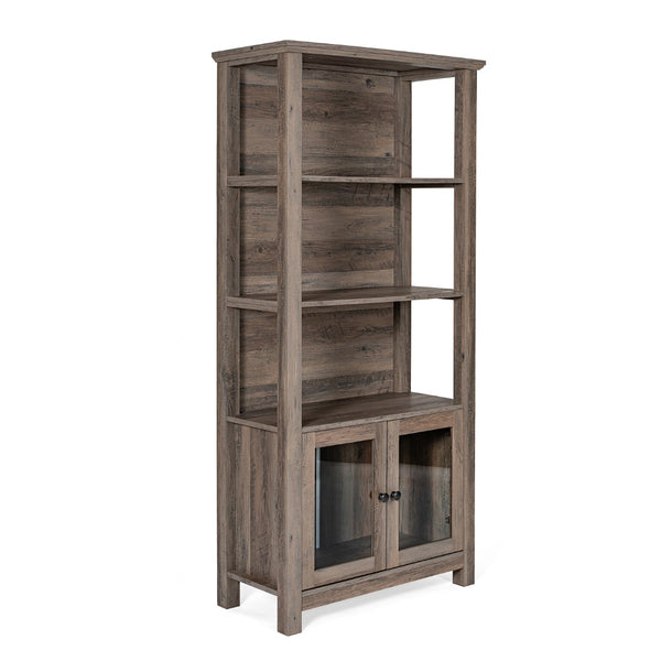 English Elm Modern Farmhouse Wooden Bookcase and Storage Cabinet with Tempered Glass Doors and 3 Upper Shelves