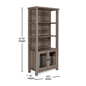 English Elm Modern Farmhouse Wooden Bookcase and Storage Cabinet with Tempered Glass Doors and 3 Upper Shelves