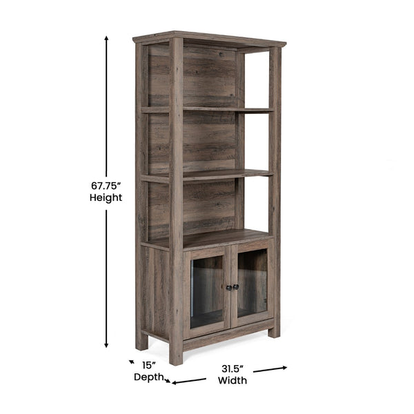 English Elm Modern Farmhouse Wooden Bookcase and Storage Cabinet with Tempered Glass Doors and 3 Upper Shelves