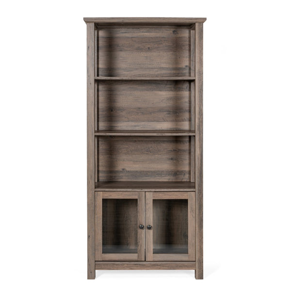 English Elm Modern Farmhouse Wooden Bookcase and Storage Cabinet with Tempered Glass Doors and 3 Upper Shelves