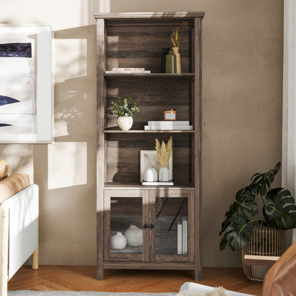English Elm Modern Farmhouse Wooden Bookcase and Storage Cabinet with Tempered Glass Doors and 3 Upper Shelves