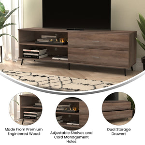 English Elm 65" Mid Century Modern TV Stand for up to 60" TV's with Adjustable Shelf and Storage Drawers,