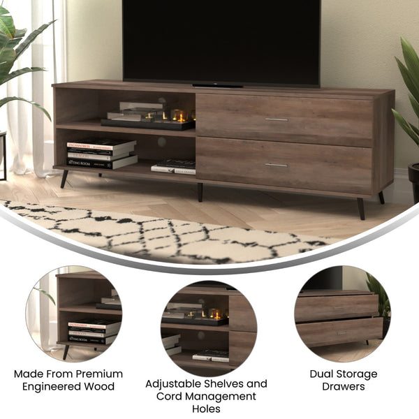 English Elm 65" Mid Century Modern TV Stand for up to 60" TV's with Adjustable Shelf and Storage Drawers,