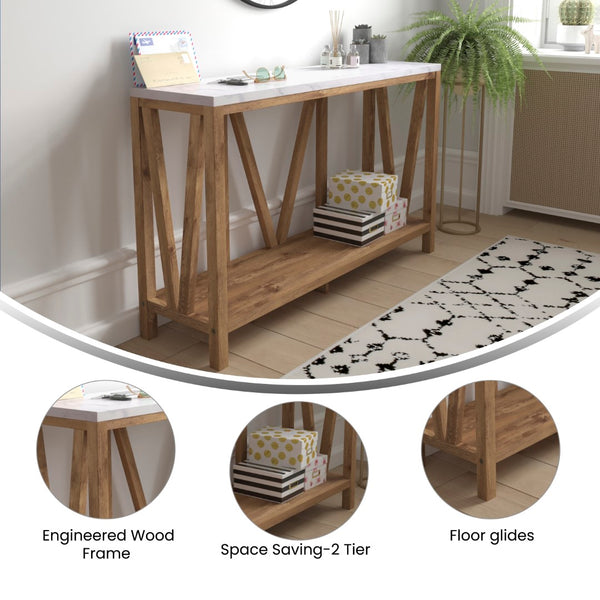 English Elm Farmhouse 2-Tier Console Accent Table - Warm Oak Finish Engineered Wood Frame - Marble Finish Tabletop - For Entryway or Living Room