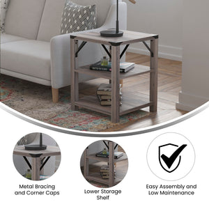 English Elm Modern Farmhouse Wooden 3 Tier End Table with Black Metal Corner Accents and Cross Bracing,