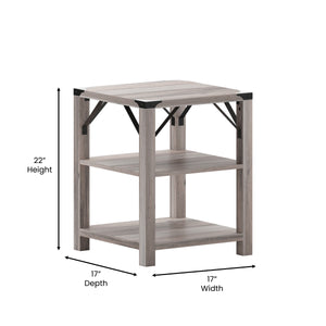 English Elm Modern Farmhouse Wooden 3 Tier End Table with Black Metal Corner Accents and Cross Bracing,
