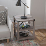 English Elm Modern Farmhouse Wooden 3 Tier End Table with Black Metal Corner Accents and Cross Bracing,