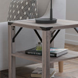 English Elm Modern Farmhouse Wooden 3 Tier End Table with Black Metal Corner Accents and Cross Bracing,