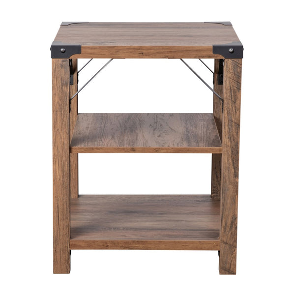 English Elm Modern Farmhouse Wooden 3 Tier End Table with Black Metal Corner Accents and Cross Bracing,