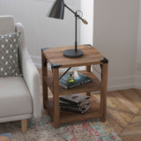 English Elm Modern Farmhouse Wooden 3 Tier End Table with Black Metal Corner Accents and Cross Bracing,