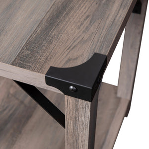 English Elm Modern Farmhouse Wooden 2 Tier End Table with Black Metal Corner Accents and Cross Bracing,