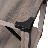 English Elm Modern Farmhouse Wooden 2 Tier End Table with Black Metal Corner Accents and Cross Bracing,