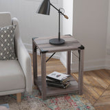 English Elm Modern Farmhouse Wooden 2 Tier End Table with Black Metal Corner Accents and Cross Bracing,