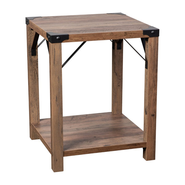 English Elm Modern Farmhouse Wooden 2 Tier End Table with Black Metal Corner Accents and Cross Bracing,